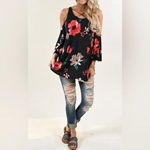 Yilleu Off Shoulder Floral Print Blouse 3/4 Sleeve Cold Shoulder Tunic. Size L.